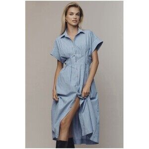 Anthropologie Pilcro Short Sleeve Seamed Midi Shirt Dress Sz Lg Blue & White
